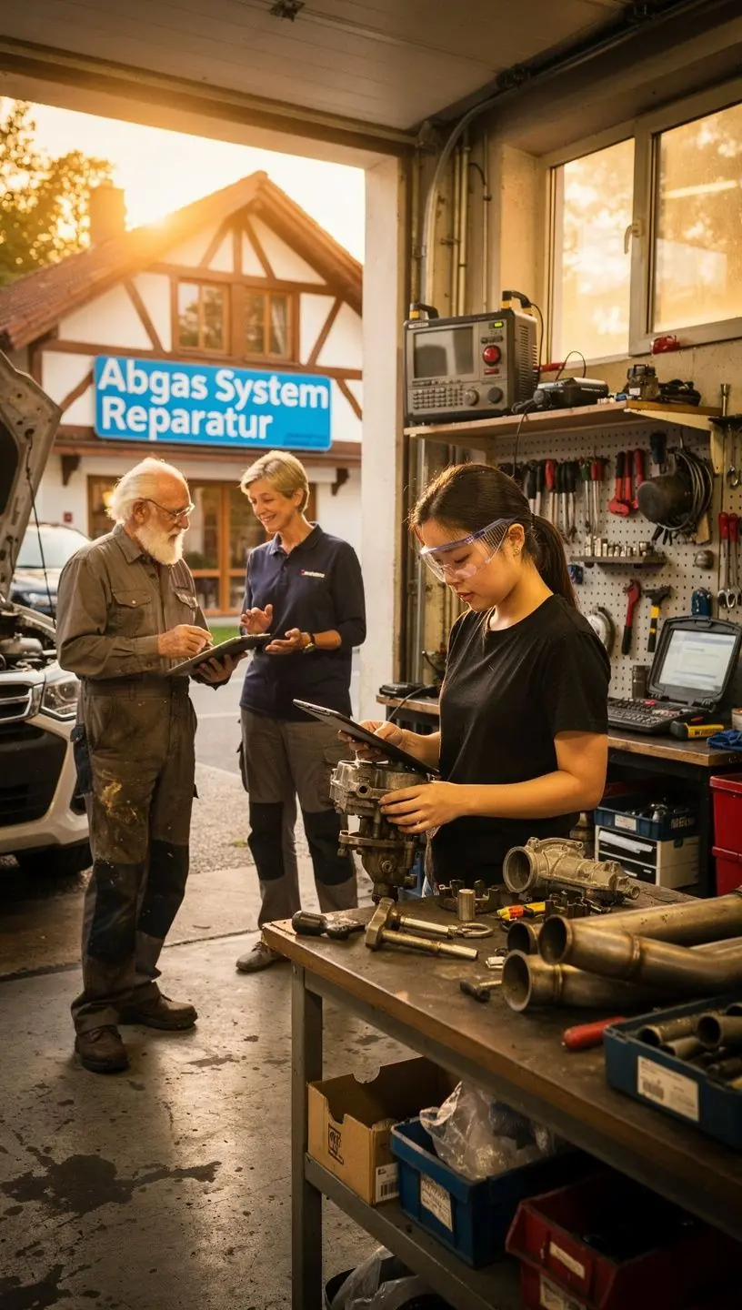 Detaillierte Ansicht eines reparierten Auspuffsystems mit Fokus auf Qualität und Emissionskontrolle in einer deutschen Fachwerkstatt.